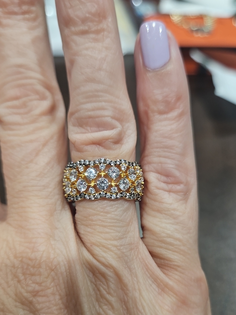 Gold-Tone Wide Crystal Band Ring - Elegant Women's Fashion Jewelry